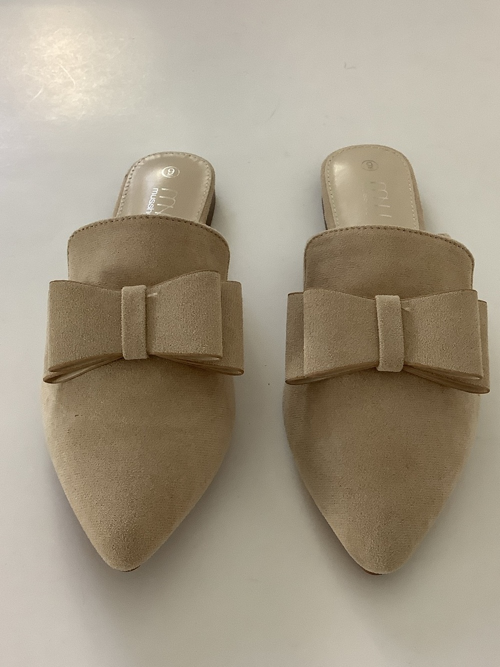 Musshoe Faux Suede Beige Bow Pointed-Toe Mule Slip-Ons